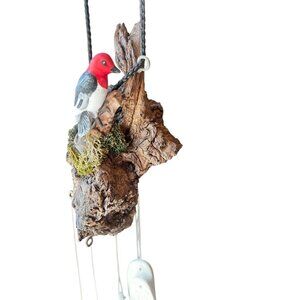 Handcrafted Loon Bird Sculpture Wind Chime With Ceramic Leaves & Natural Driftwo